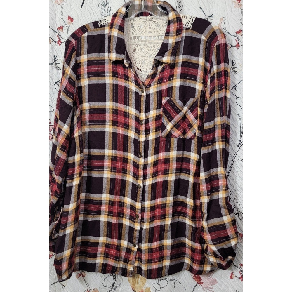 Krazy Kat Womens Flannel and Crochet Lace 100% Rayon LARGE Tab Sleeves Blouse